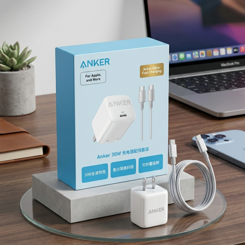 Anker 30W Fast Charger Set – Ultra-Compact Wall Adapter with USB-C to USB-C Braided Cable, Foldable Plug & GaN Technology for Apple & More