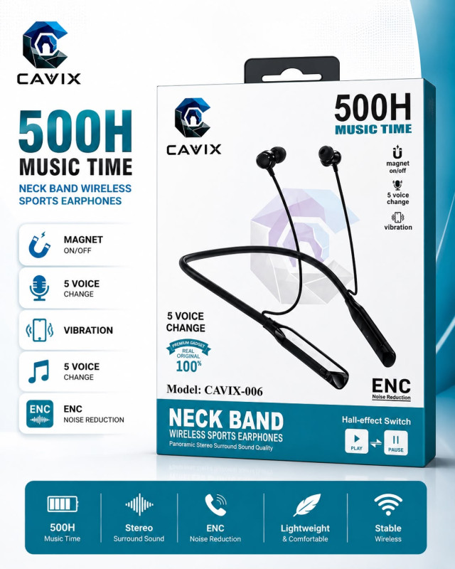 CAVIX-006 Wireless Neckband Earphone – Bluetooth Headset with 500H Music Time, Magic Voice Changer, Vibration Alert, Auto Pause/Play Magnetic Design & HD Sound