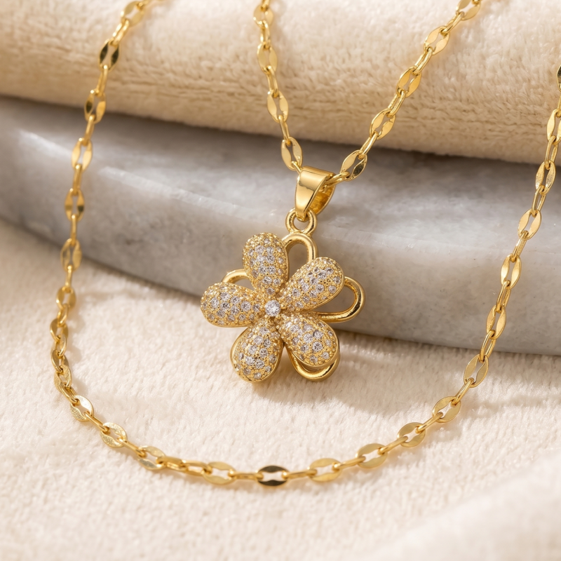 Rotatable Five-Petal Flower Gold Plated Women's Necklace (With gift box)