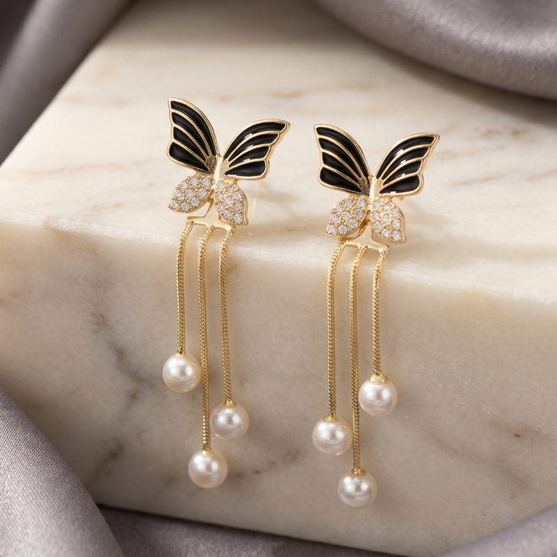 Cubic Zirconia Decor Butterfly & Faux Pearl Drop Earrings