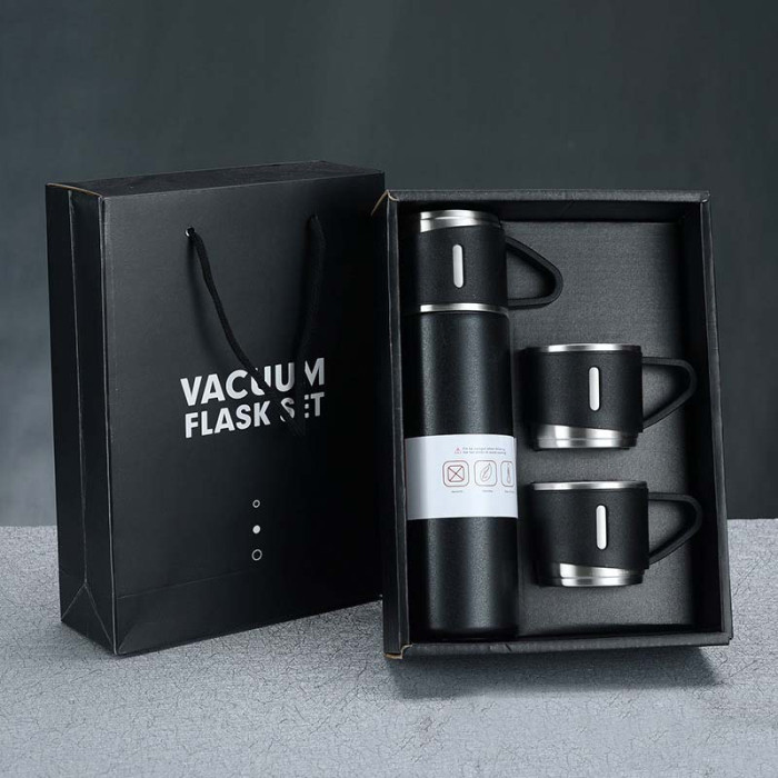 3-Piece Stainless Steel Vacuum Flask Set – 500ml Double-Wall Insulated Thermos Bottle with Cups for Hot & Cold Drinks, Travel & Gifting