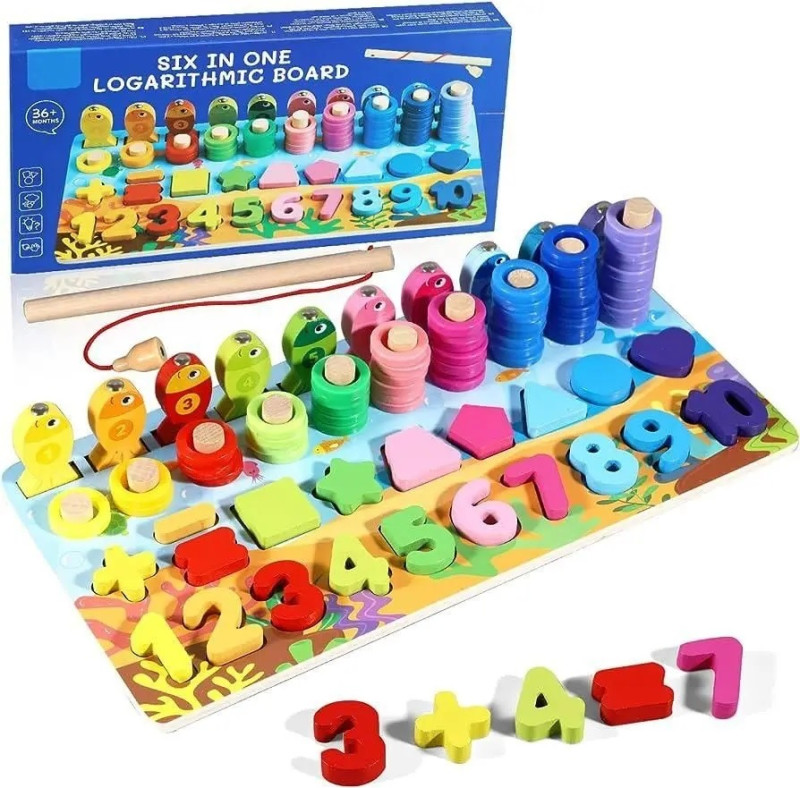 Six In One Logarithmic Board-Activity Toys- Color, Count, Fishing, Shape, Number and Basic Math