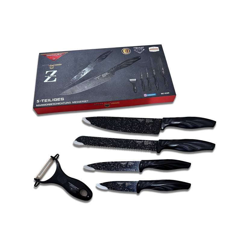 Zepter 5-Piece Non-Stick Kitchen Knife Set – Super Sharp High-Carbon Stainless Steel Knives with Peeler & Ergonomic Curved Blades for Cutting, Fruit & Vegetables