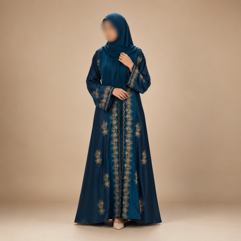 Premium Zafran Felix Luxury Abaya with Embroidery & Stone Work | Matching Hijab & Adjustable Inner | Modest Fashion Teal Blue