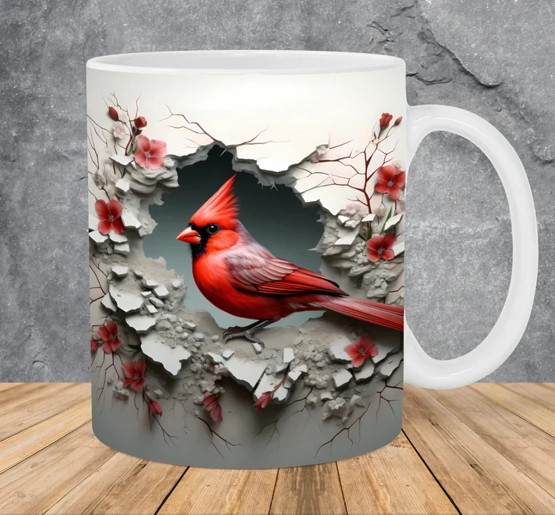Red Cardinal Bird Ceramic Mug – Premium Wraparound Design Coffee Mug with Floral & Branch Print, Microwave & Dishwasher Safe