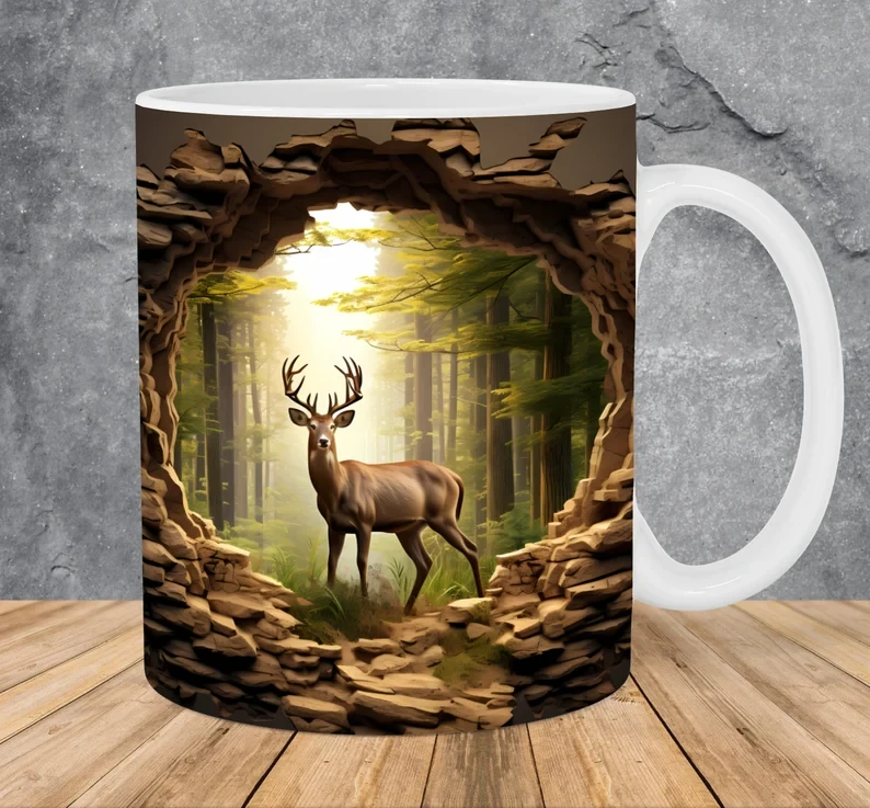 Wild Nature Deer Ceramic Mug – Premium Wraparound Design Coffee Mug with Forest & Stag Print, Microwave & Dishwasher Safe