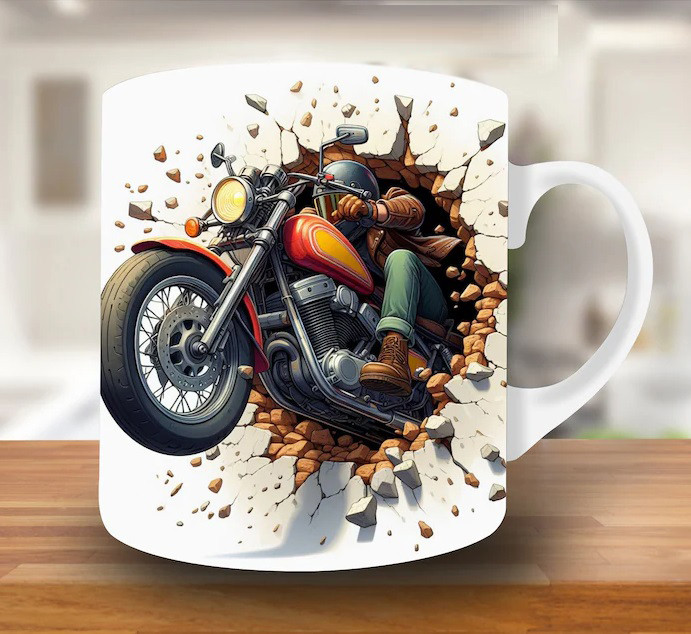 Motorcycle Mug – Premium Ceramic Coffee Mug with 3D Creative Biker Wraparound Design, Microwave & Dishwasher Safe