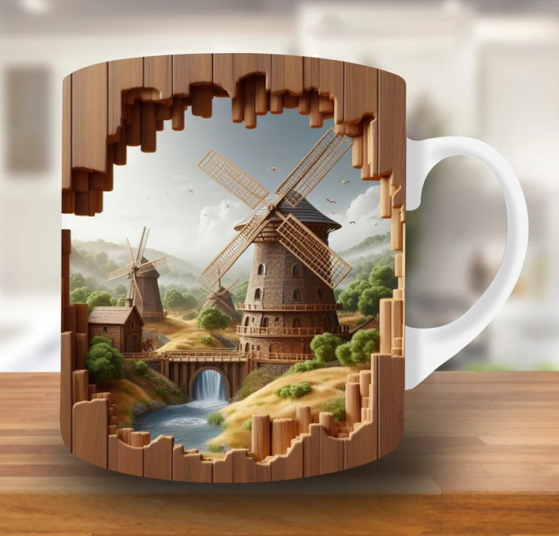 Scenic Windmill Mug – Premium Ceramic Coffee Mug with 3D Rural Landscape Wraparound Design, Microwave & Dishwasher Safe