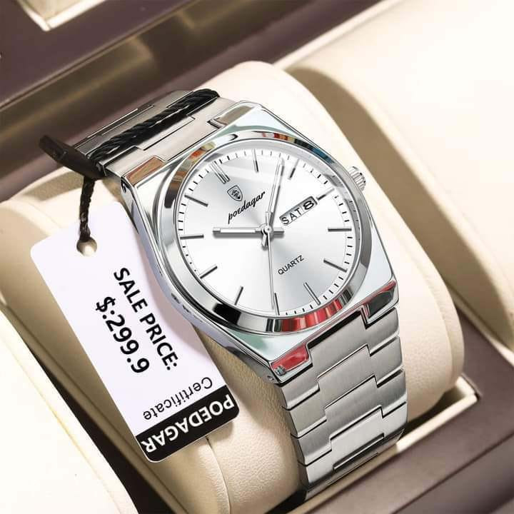 POEDAGAR 930 Men's New Luxury Luminous Date Week Stainless Steel Quartz Watch For Men (Butterfly Lock)