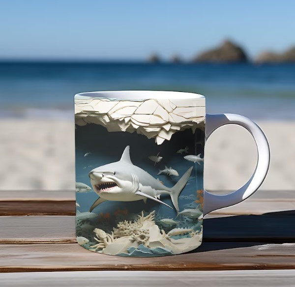 Shark Design Mug – Premium Ceramic Coffee Mug with 3D Deep Ocean Shark Wraparound Print, Microwave & Dishwasher Safe