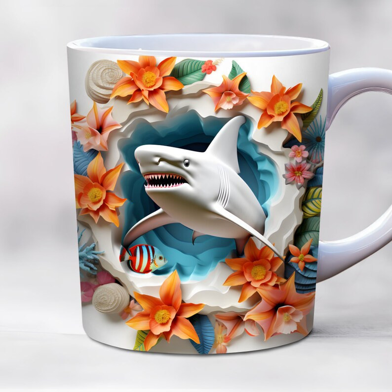 Shark Design Mug – Stylish Ceramic Coffee Mug with 3D Underwater Shark and Floral Print, Microwave & Dishwasher Safe