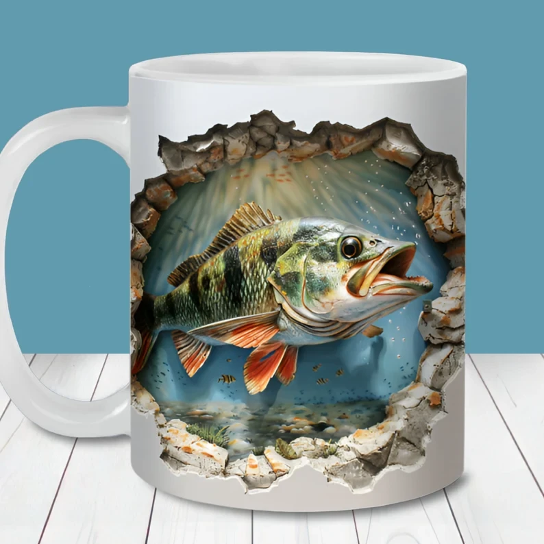 3D Fish In Water Design Ceramic Mug – Microwave & Dishwasher Safe Wraparound Coffee Mug with Protected Packaging