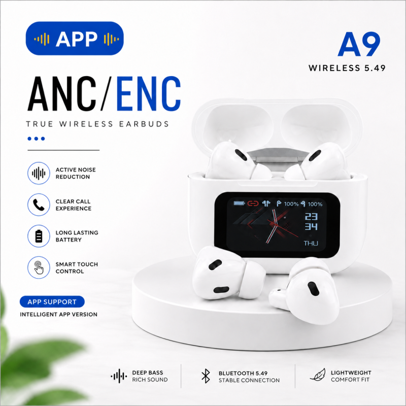 A9 Pro True Wireless Earbuds – Smart Touch Screen Display, ANC & ENC Noise Cancellation, Dedicated App Support & TWS Bluetooth Earphones