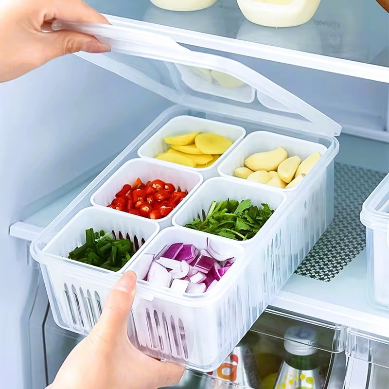 6-Grid Fridge Storage Box – Multi-Compartment Plastic Food Organizer & Spice Container for Refrigerator Kitchen Storage