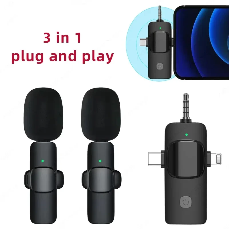 3-in-1 Universal Wireless Lavalier Microphone – Omnidirectional Condenser Clip-On Mic with iPhone, Type-C & 3.5mm Connectors for Cameras, Computers, Smartphones & Live Streaming