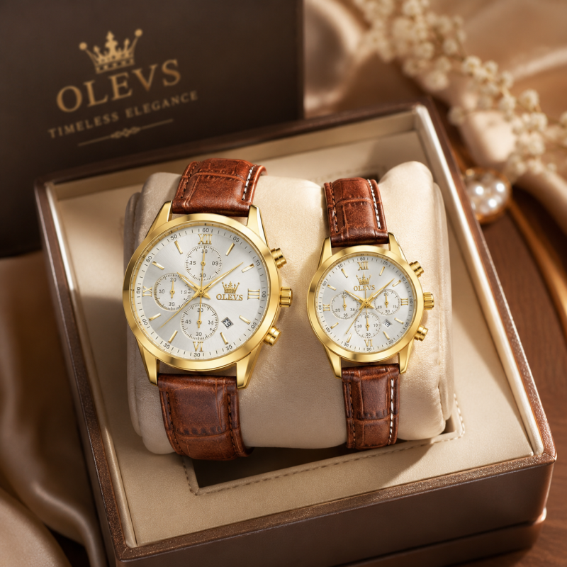OLEVS Premium Luxury Leather Strap Couple Watch