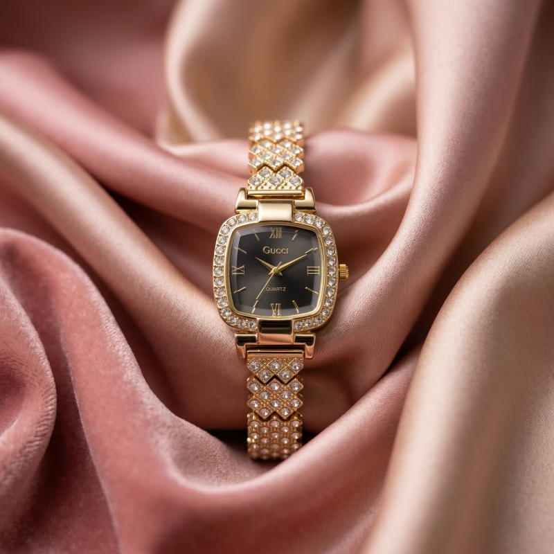 Luxury Golden Stone Studded Ladies Quartz Watch – Stylish & Elegant Design (Black Dial)