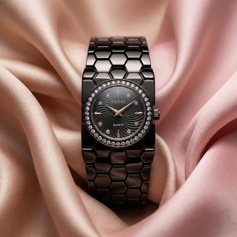 Stylish Black Ladies Quartz Watch with Crystal Bezel – Premium Bracelet Design
