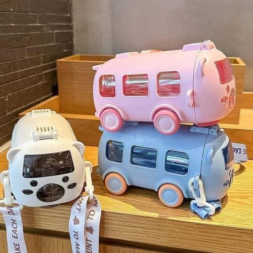 Cute Bear Bus Shape Water Bottle for Kids – 500ml Leak-Proof Plastic Drinking Cup with Straw & Shoulder Strap for School & Travel