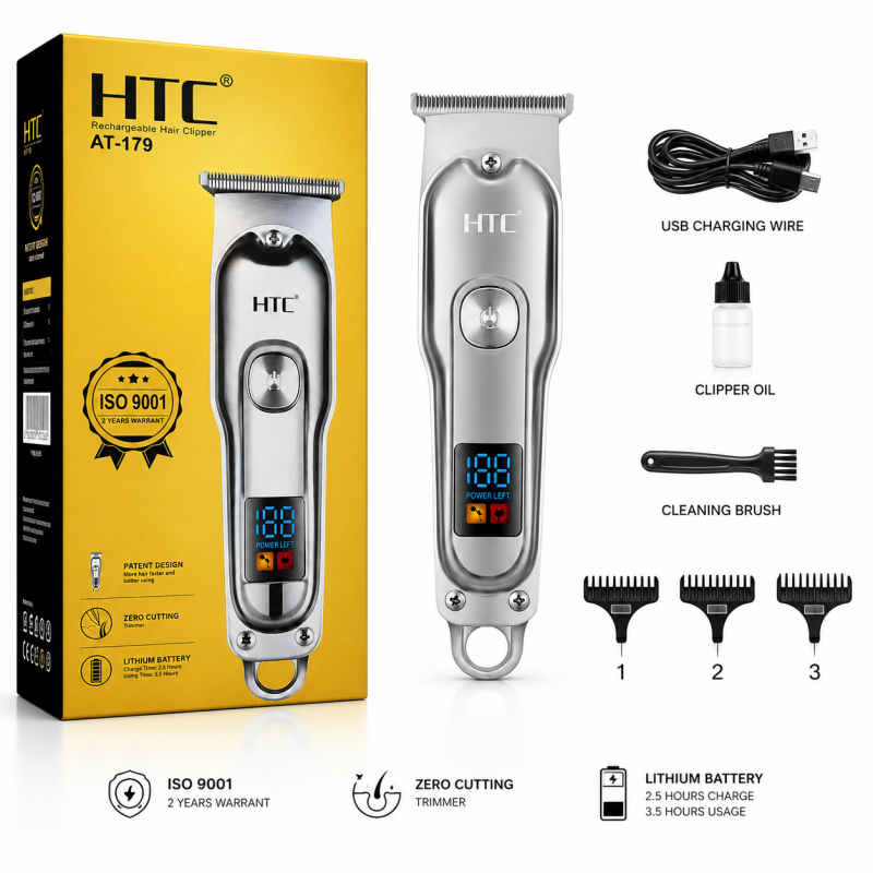 Original HTC AT-179 Rechargeable Hair Clipper & Beard Trimmer for Men | Cordless Grooming Kit with Stainless-Steel Blades & Adjustable Settings