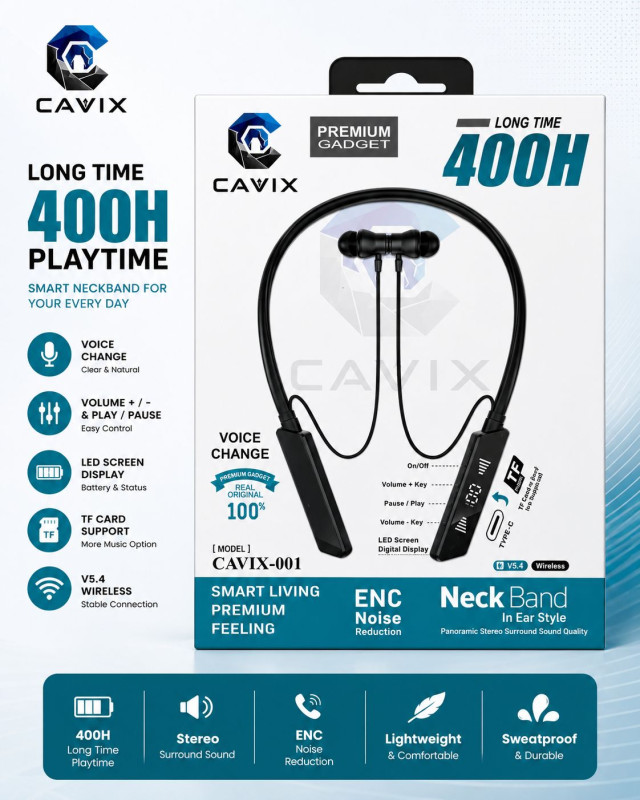 Cavix-001 Wireless Neckband Earphone – Bluetooth V5.4 In-Ear Headset with 400H Long Battery Life, ENC Noise Reduction, LED Digital Display & Voice Change Feature