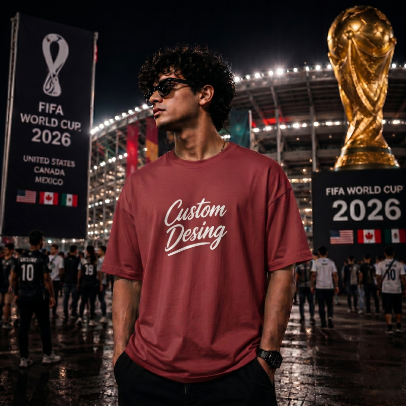 FIFA World Cup Special: 100% Cotton Custom Drop-Shoulder T-Shirt (Customize With Your Own Design) - Maroon