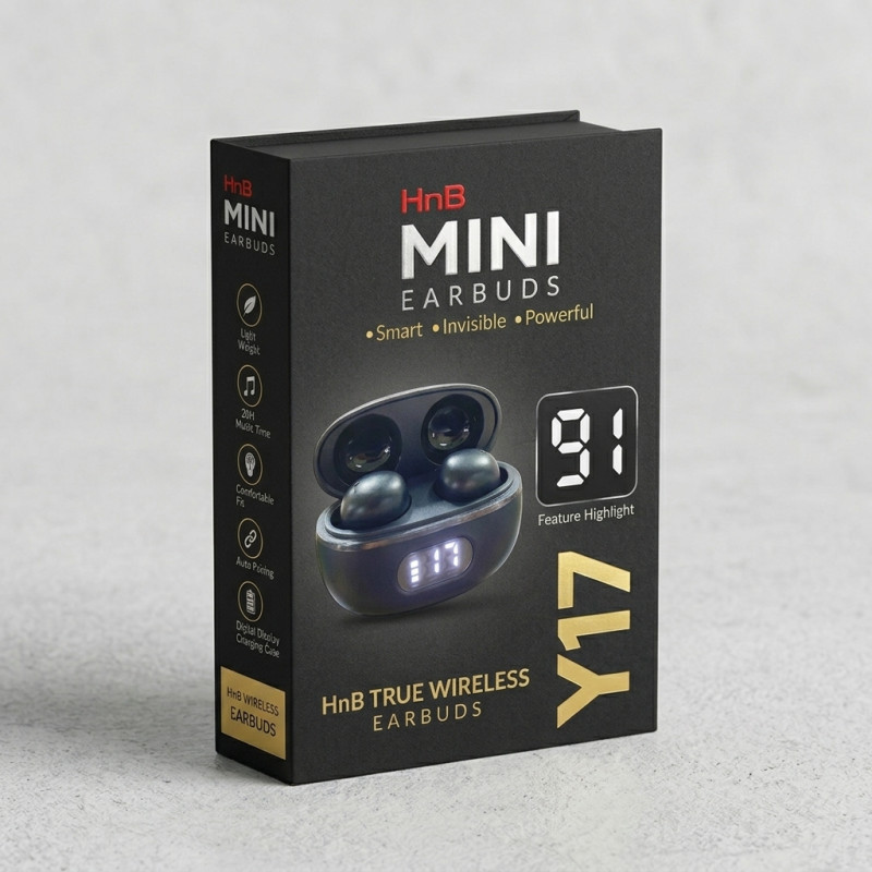 HnB Y17 Mini True Wireless Earbuds – Ultra-Compact In-Ear TWS with Matte Black Finish, Digital LED Battery Display & 20H Playtime