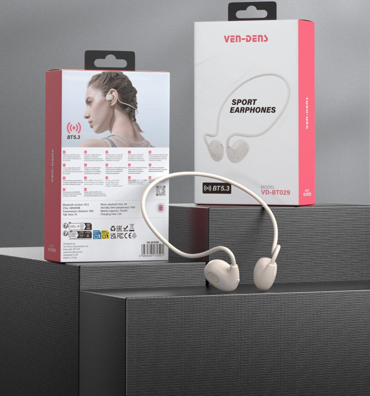 VEN-DENS VD-BT029 Sport Wireless Open-Ear Air-Conduction Earphone – Bluetooth 5.3 Headset with 14.2mm Drivers, 8-Hour Playtime, Touch Control & Secure Ear-Hook Design